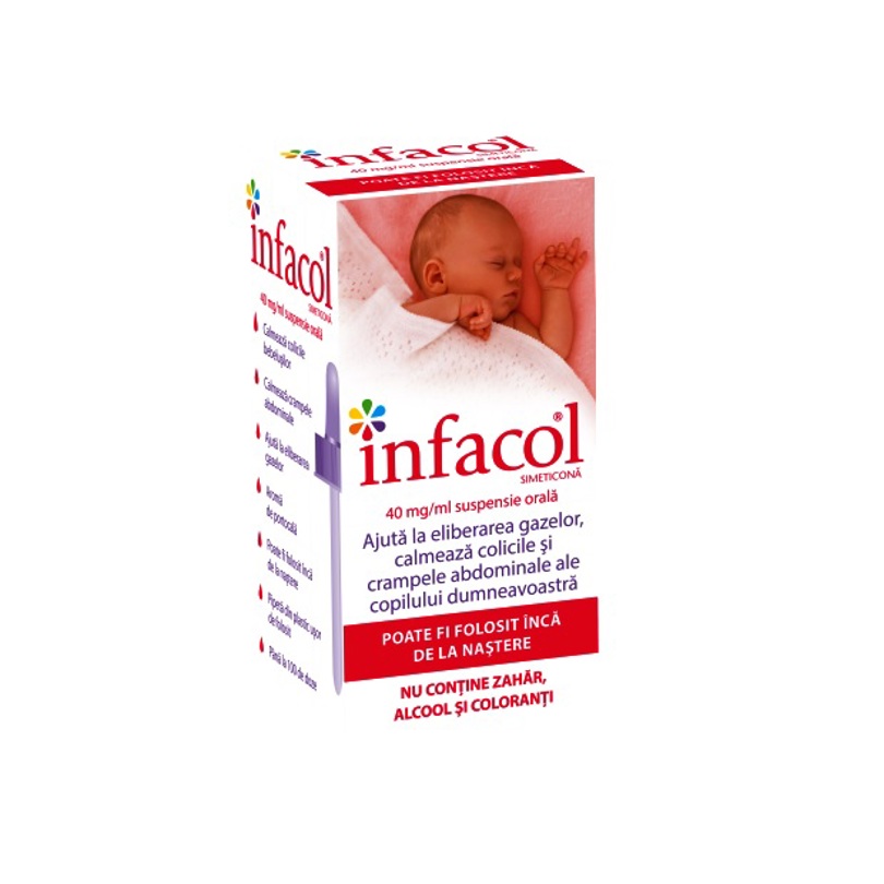 Infacol SIMETICONA 40mg/ml suspensie orală Ajută la eliberarea gazelor, calmează colicile şi crampele abdominale ale copilului dumneavoastră POATE FI FOLOSIT ÎNCĂ DE LA NAŞTERE NU CONŢINE ZAHĂR, ALCOOL ŞI COLORANTI