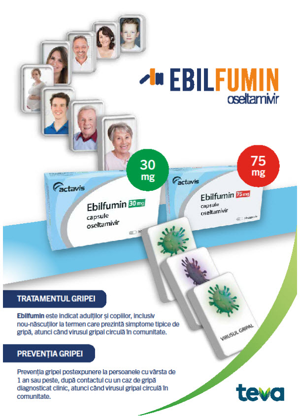 EBILFUMIN oseltamivir 30 mg actavis Ebilfumin 30 mg capsule oseltamivir 75 mg actavis Ebilfumin 75 mg capsule oseltamivir TRATAMENTUL GRIPEI Ebiifumin este indicat adulților şi copiilor, inclusiv nou-născuților la termen care prezintă simptome tipice de gripă, atunci când virusul gripal circulă în comunitate. PREVENŢIA GRIPEI Prevenția gripel postexpunere la persoanele cu vârsta de 1 an sau peste, după contactul cu un caz de gripă diagnosticat clinic, atunci când virusul gripal circulă în comunitate. VIRUSUL GRIPAL teva