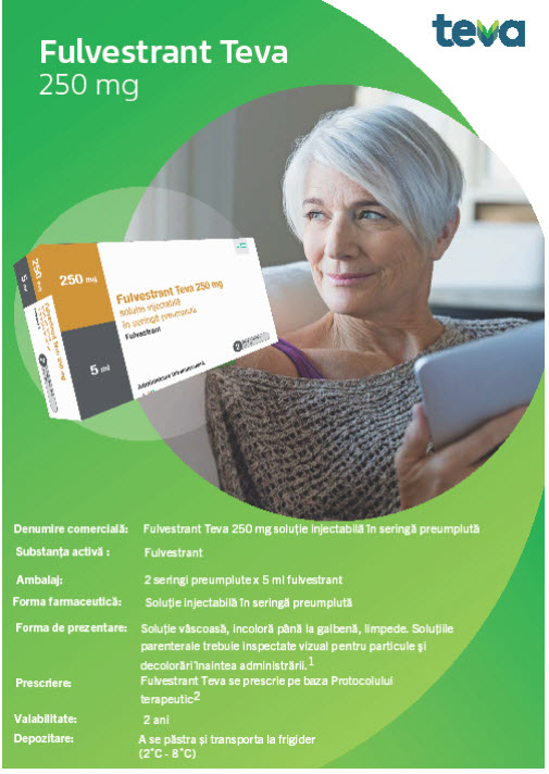 Fulvestrant Teva 250 mg teva  250 mg 5 ml Fulvestrant Teva 250 mg solus inject in sering  Denumire comercială: Fulvestrant Teva 250 mg soluție injectabilă în seringă preumplută Substanţa activă: Fulvestrant Ambalaj: 2 seringi preumplute x 5 ml fulvestrant Forma farmaceutică: Soluție injectabilă în seringă preumplută Forma de prezentare: Soluție vascoasă, incoloră până la galbenă, limpede. Soluțiile parenterale trebuie inspectate vizual pentru particule şi decolorări înaintea administrării. 1 Prescriere: Fulvestrant Teva se prescrie pe baza Protocolului terapeutic2 Valabilitate: 2 ani Depozitare: A se păstra şi transporta la frigider (2°C -8°C)